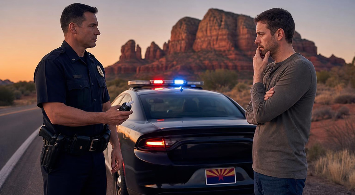 Police officer with a breathalyzer device standing next to a patrol car on a desert highway in Arizona, with a concerned driver nearby.