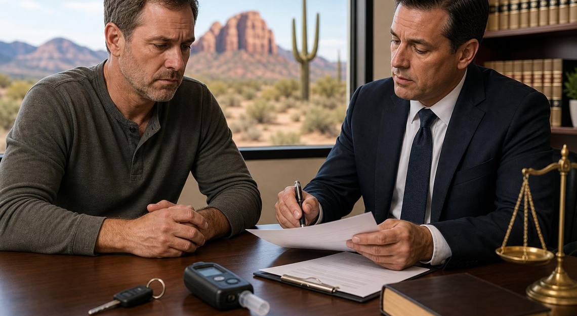 A man talking with a lawyer in an office with car keys and legal documents on the table, with an Arizona desert landscape visible through the window.