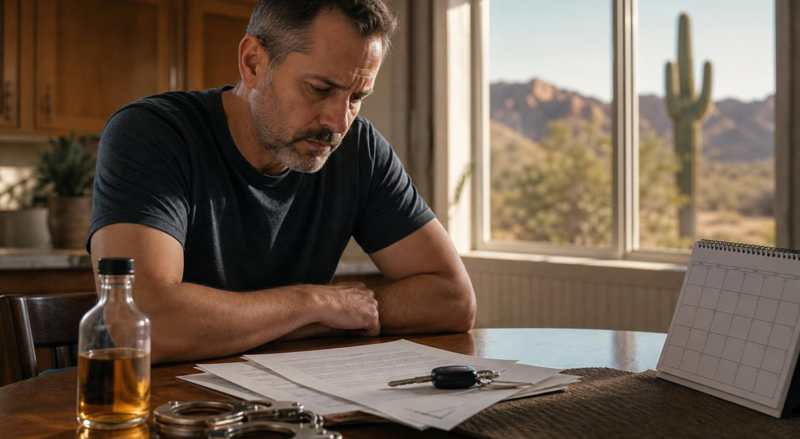 A middle-aged man sitting at a kitchen table looking at legal documents and car keys with a bottle of alcohol and handcuffs nearby.