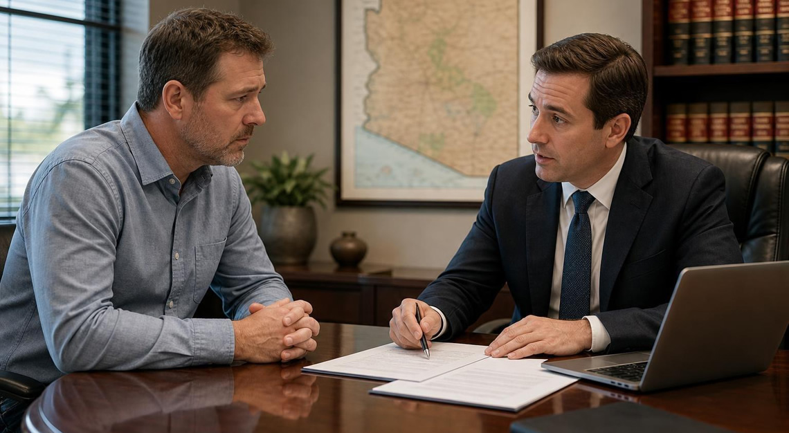 A man and a lawyer sitting across a desk in an office discussing legal matters with a map of Arizona in the background.