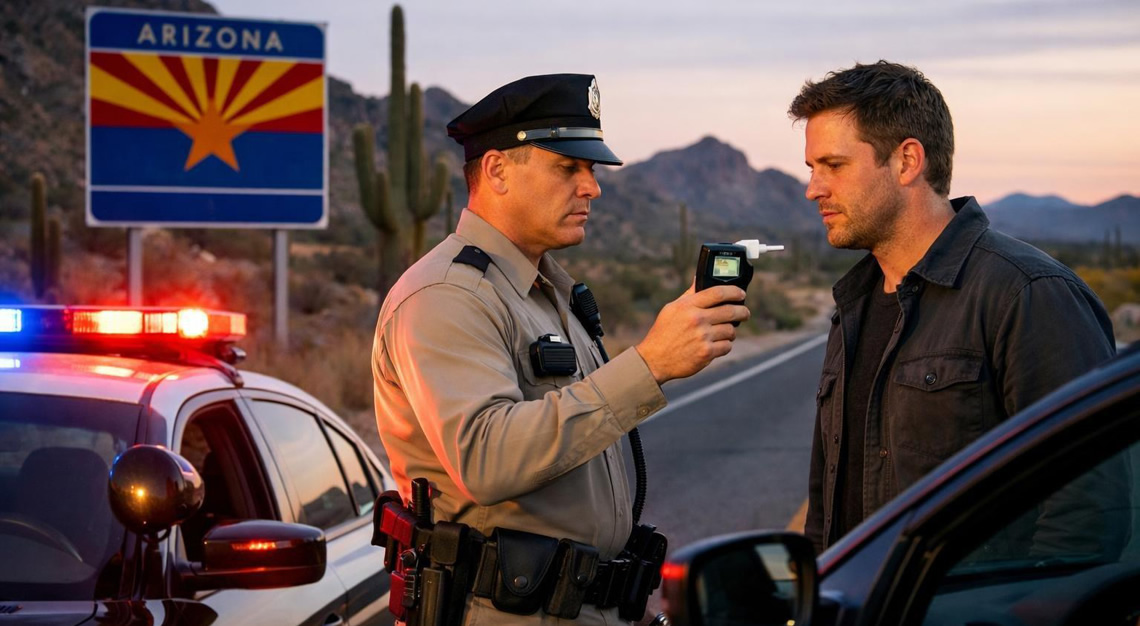 A police officer with a breathalyzer standing next to a patrol car on a desert highway in Arizona, interacting with a driver.