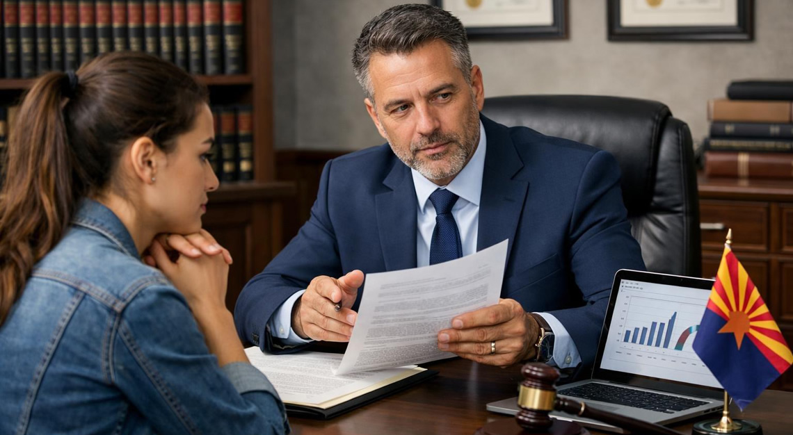 A lawyer and client discussing legal documents in an office with law books and an Arizona flag visible.