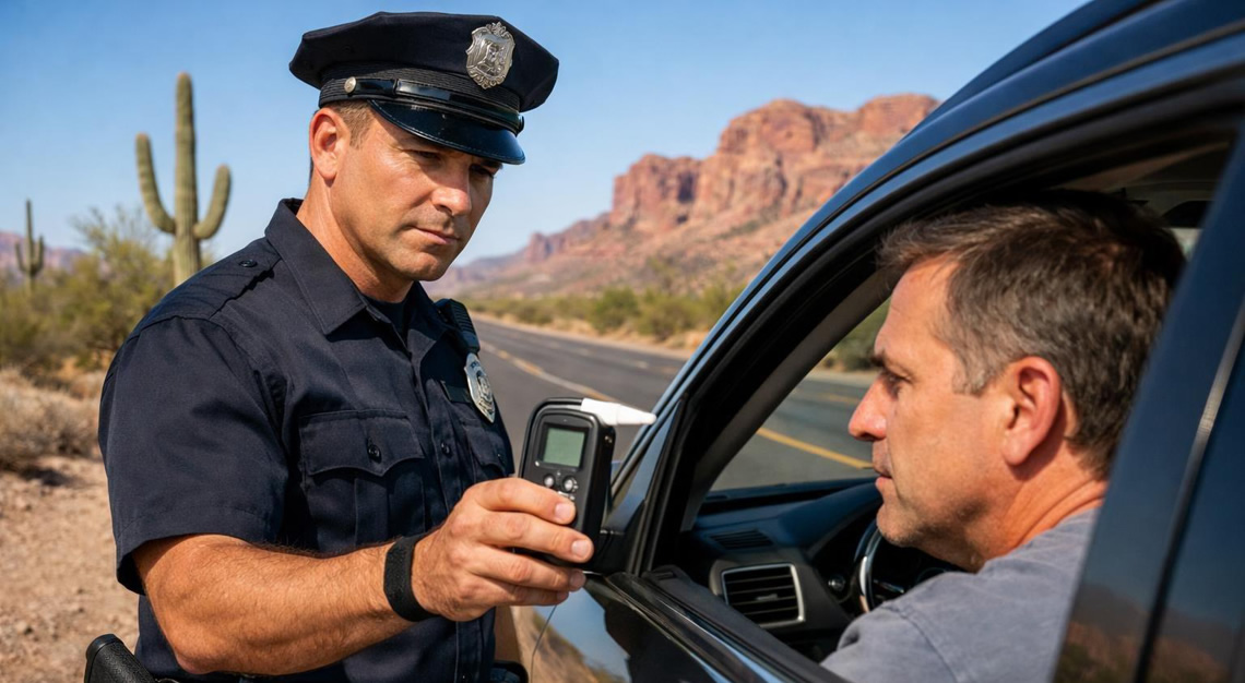 Police officer administering a breathalyzer test to a driver on a desert highway in Arizona with cacti and red rock formations in the background.