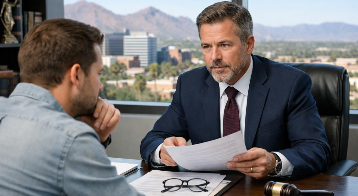 A lawyer and a client having a serious discussion in an office with legal documents on the desk and a cityscape with desert mountains visible through the window.