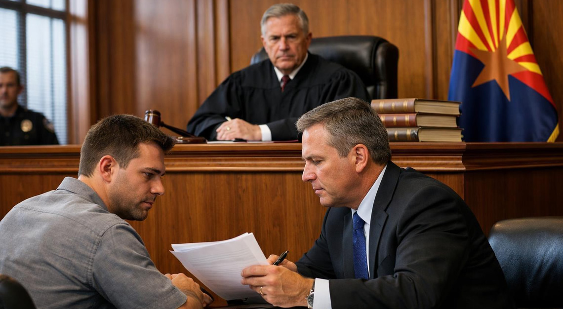 A courtroom scene with a judge, a defendant, and a defense attorney during a legal proceeding.
