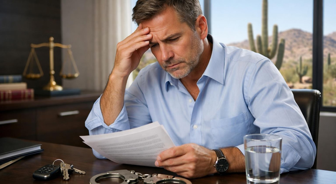 A middle-aged man sitting at a desk reviewing documents with a concerned expression, with car keys and handcuffs on the desk and a desert landscape visible through a window.