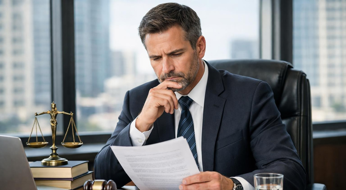 A male lawyer in a suit reviewing legal documents at a desk in a modern office with city views behind him.