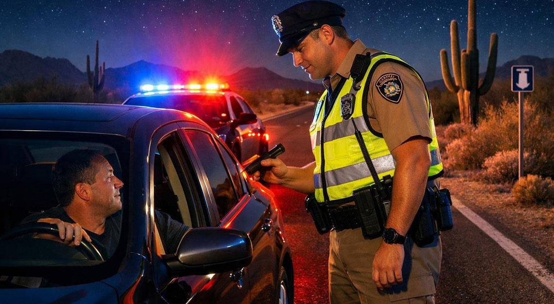 Police officer conducting a DUI arrest on a driver stopped on a desert highway at night in Arizona.
