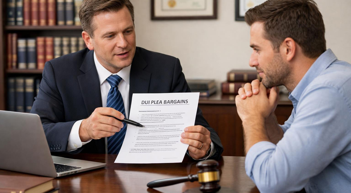 A lawyer and client discussing legal documents at a desk in a law office.