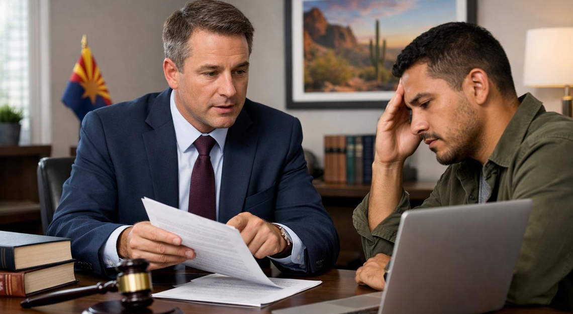 A lawyer consulting with a client in a modern office with legal books and a gavel on the desk.