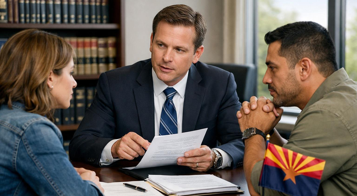 A lawyer discussing legal documents with a client in an office, with a small Arizona flag on the desk.