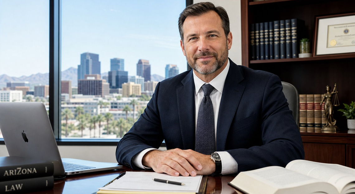 A confident attorney sitting at a desk in a modern office with a view of the Phoenix city skyline through a large window.