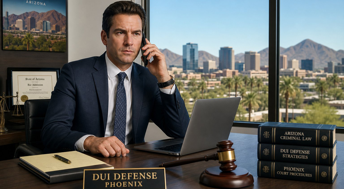 A lawyer talking on the phone in an office with a view of the Phoenix city skyline.