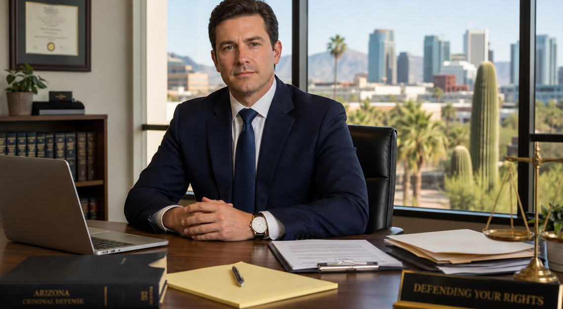 A confident male attorney sitting at a desk in a modern office with a cityscape and desert plants visible through large windows.