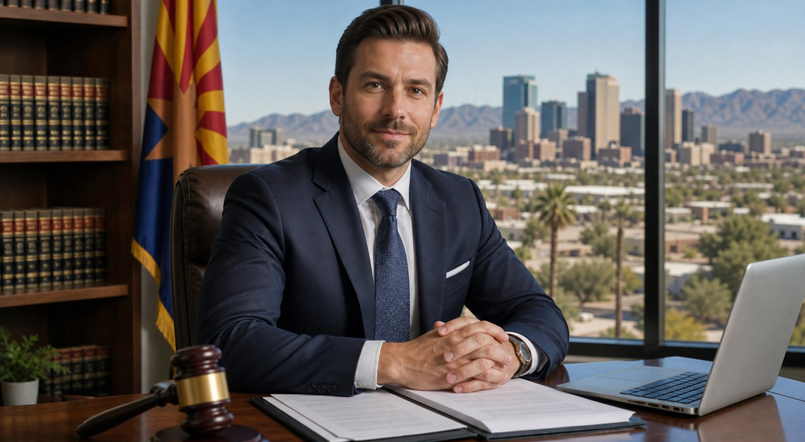 A male attorney in a suit sitting at a desk in an office with a view of the Phoenix city skyline through a large window.
