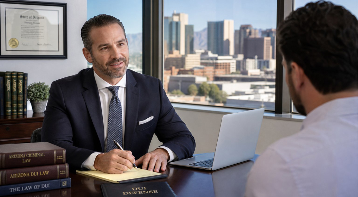 A male attorney in a suit talking to a client in an office with a view of downtown Phoenix.
