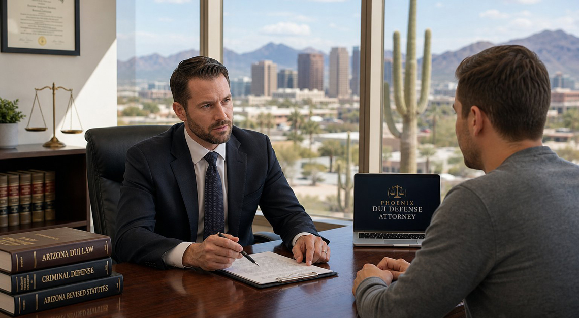 A lawyer consulting with a client in an office with a view of the Phoenix skyline and desert plants.
