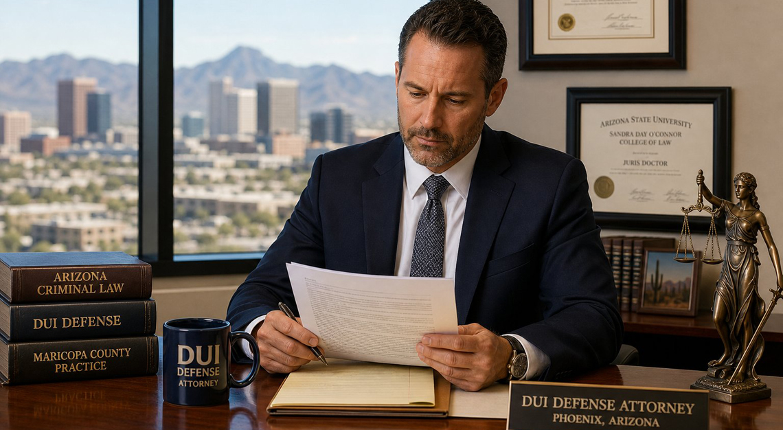 A confident male attorney in a suit sitting at a desk in a modern office with legal books and a cityscape visible through the window.