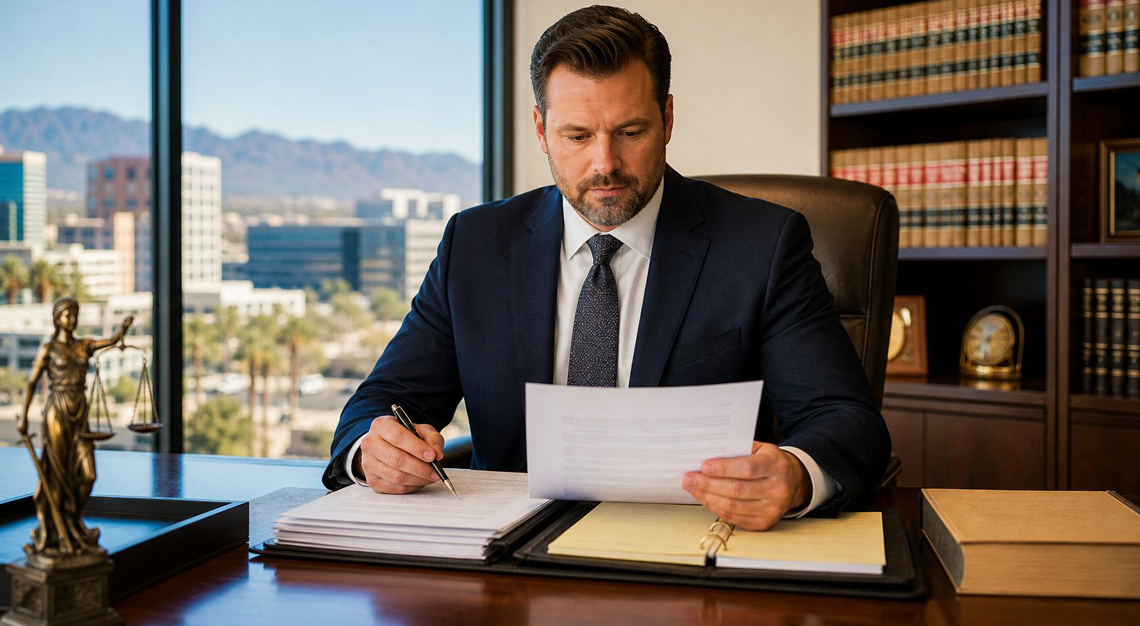 A confident lawyer in a modern office reviewing legal documents with law books and a city view in the background.