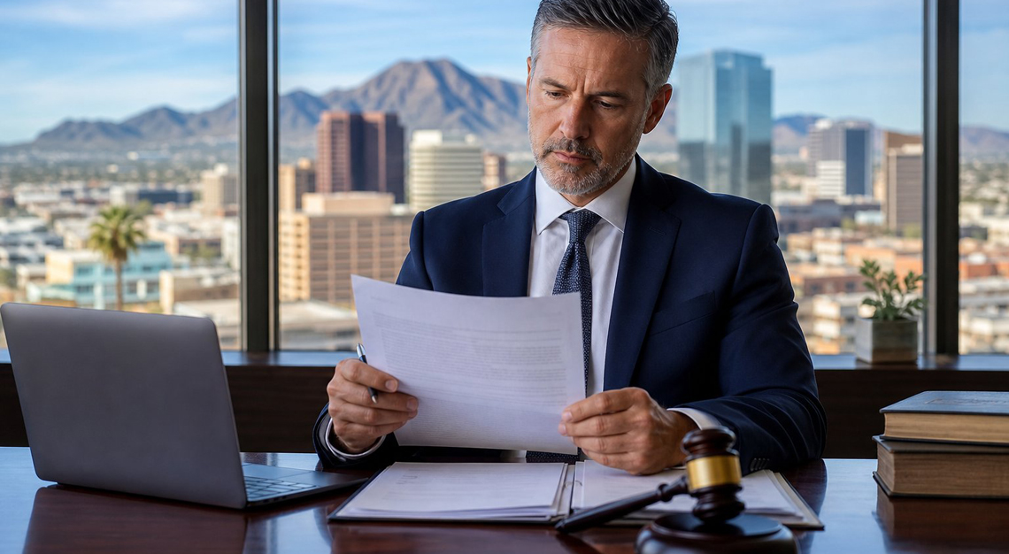 A confident attorney in a suit reviewing legal documents at a desk in an office with a city view.