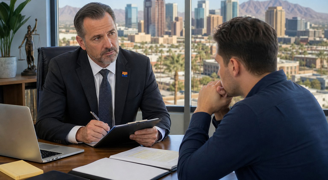 A DUI attorney and a client having a serious consultation in an office with a view of the Phoenix city skyline.