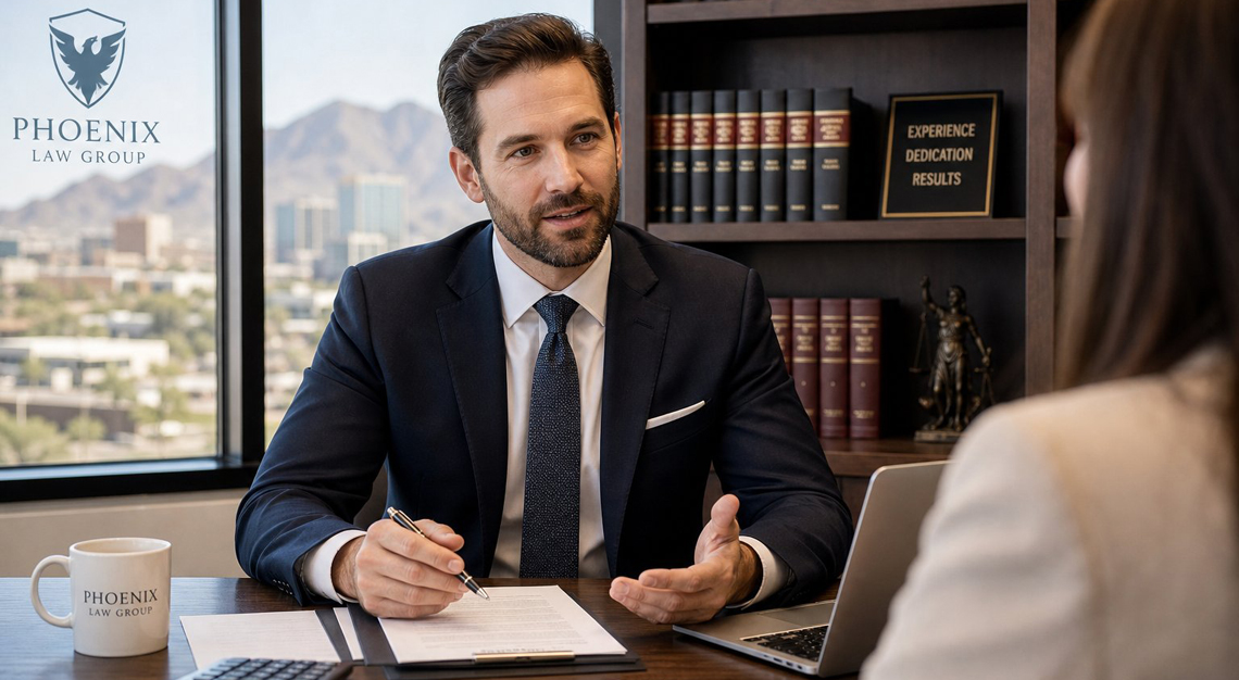 A male attorney in a suit talking with a client across a desk in a modern office with legal books and documents.
