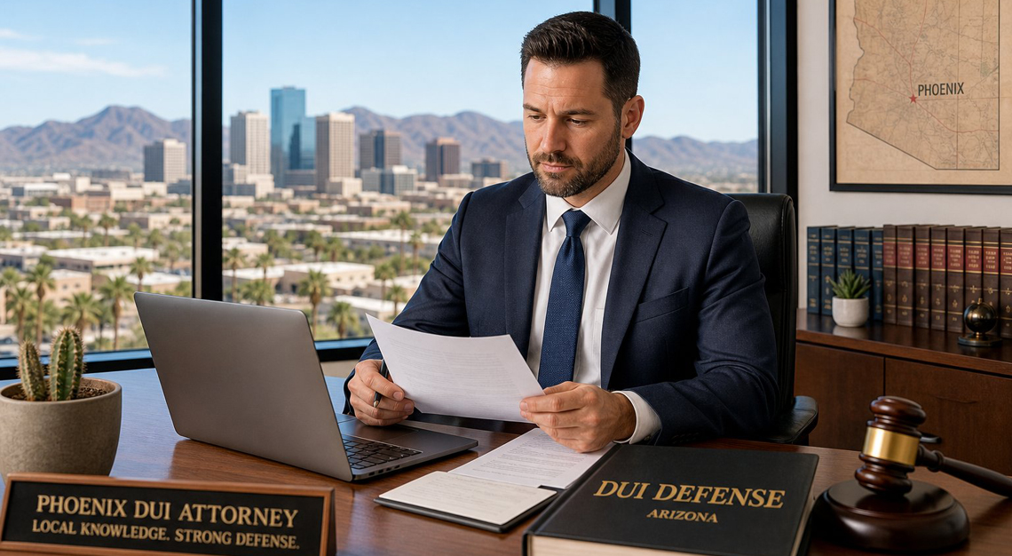 An attorney reviewing documents at a desk with a view of the Phoenix skyline through a window.