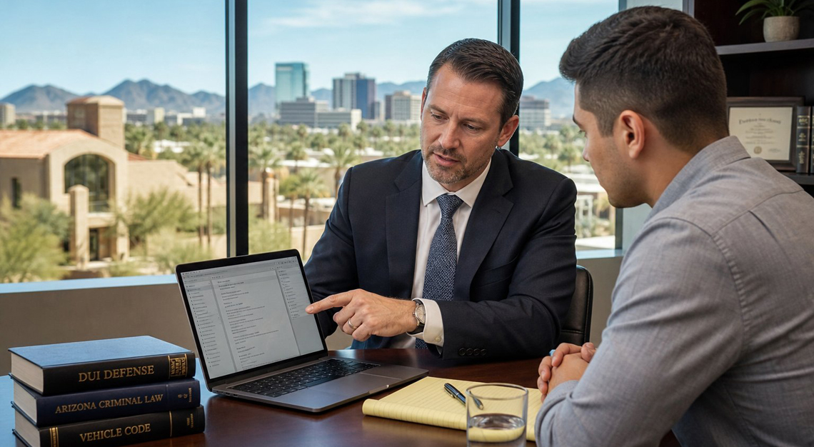 A DUI lawyer consulting with a client in an office with a view of Phoenix cityscape, reviewing documents together.