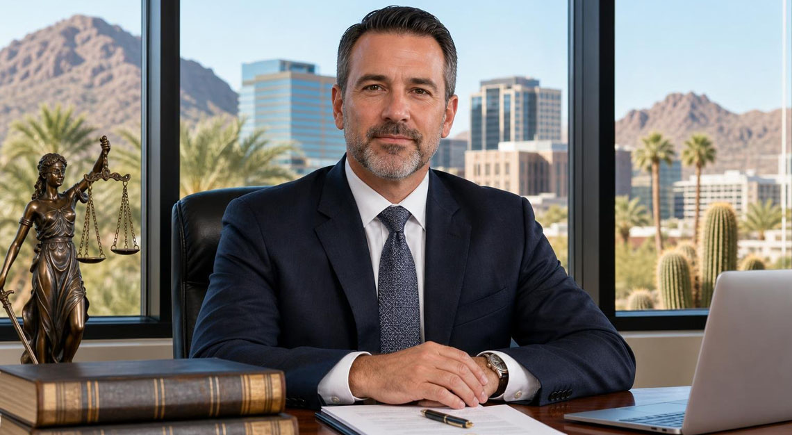 A confident lawyer sitting at a desk in a bright office with a city view and desert plants outside.