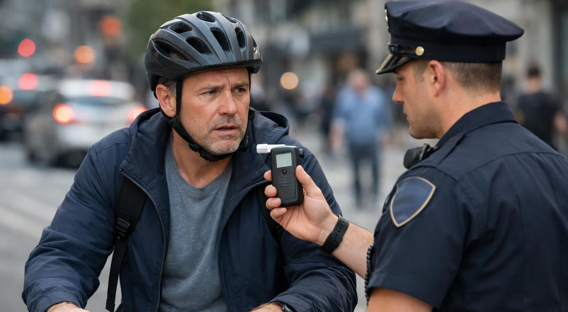 A man on a bicycle is stopped by a police officer holding a breathalyzer on a city street.