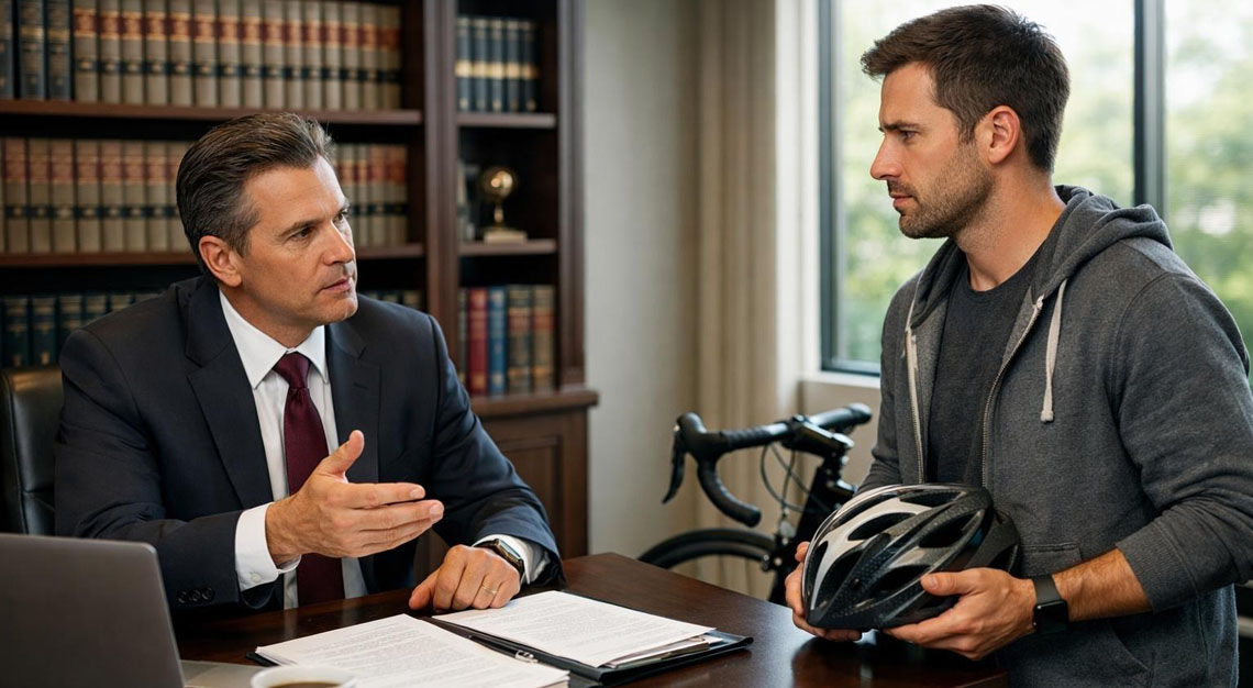 A lawyer consulting with a cyclist about legal matters in an office, with a bicycle nearby.