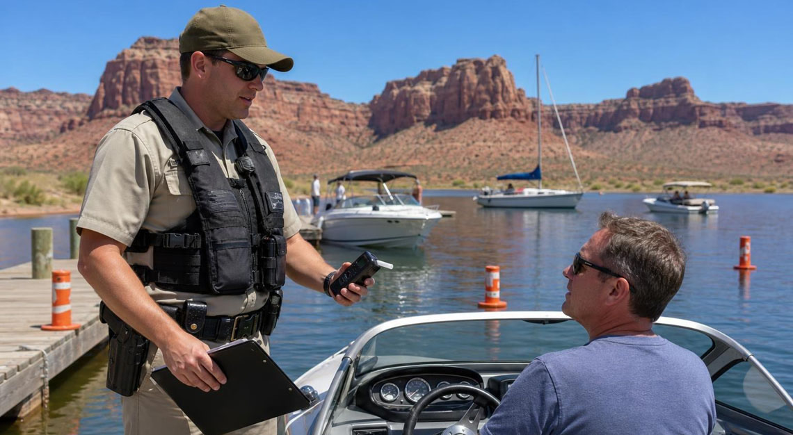 A law enforcement officer talks to a boat operator at a boating checkpoint on a lake with Arizona desert landscape in the background.