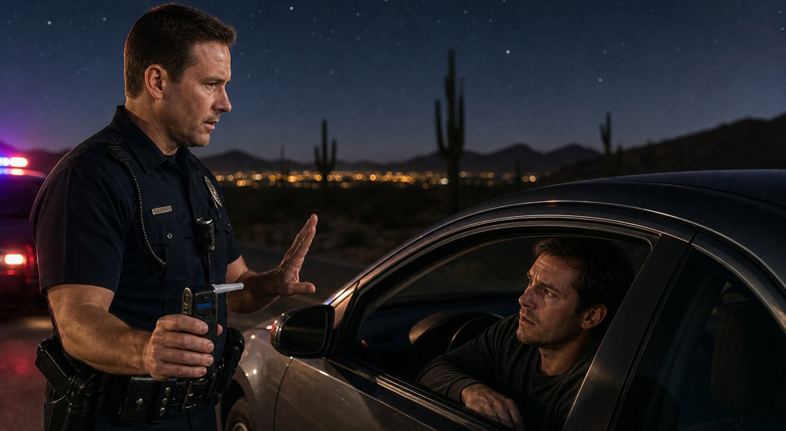 Police officer standing next to a stopped car at night, holding a breathalyzer device while talking to the hesitant driver inside the vehicle on a desert road.
