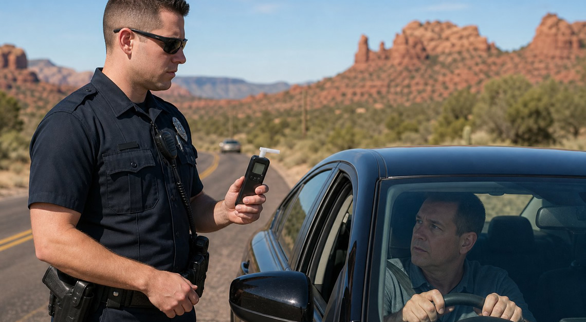 A police officer stands beside a stopped car on a desert highway in Arizona, holding a breathalyzer device while the driver sits inside looking concerned.