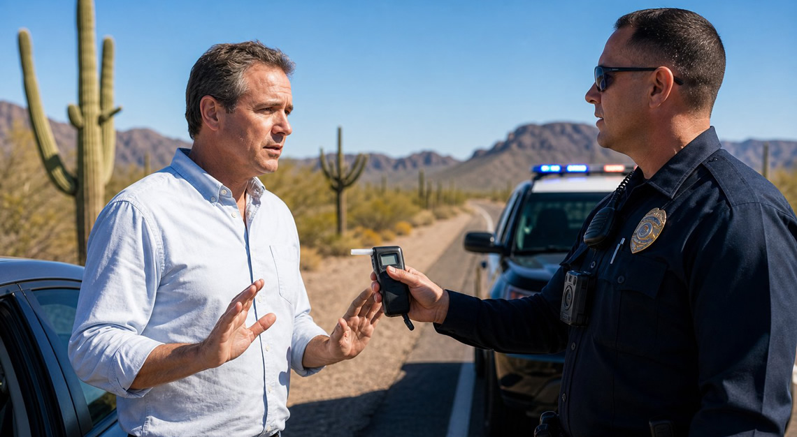 A police officer talks to a driver who is refusing a breathalyzer test on a sunny Arizona highway with desert plants in the background.