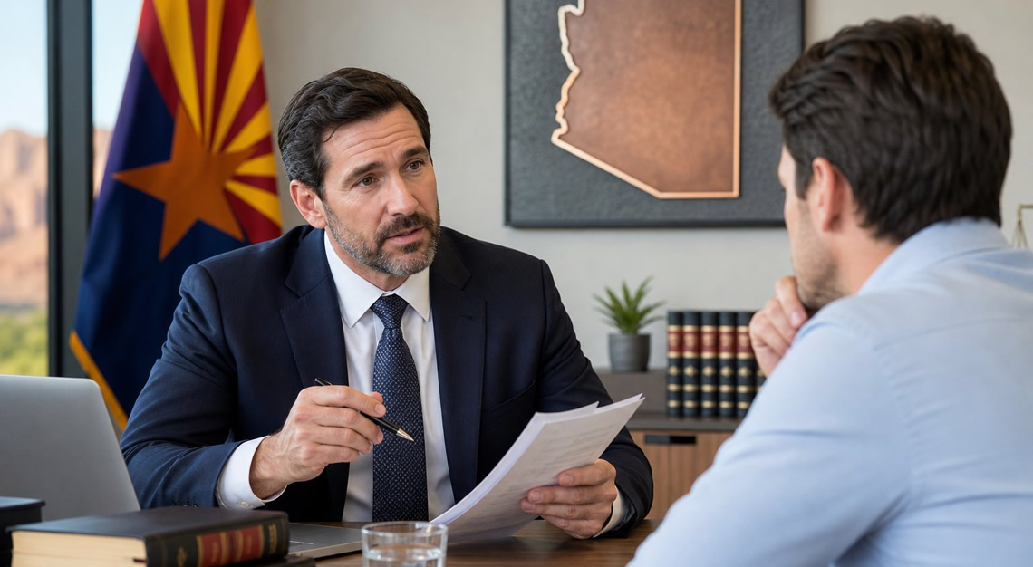 A lawyer consulting with a client in an office, discussing legal matters related to DUI or breathalyzer refusal in Arizona.