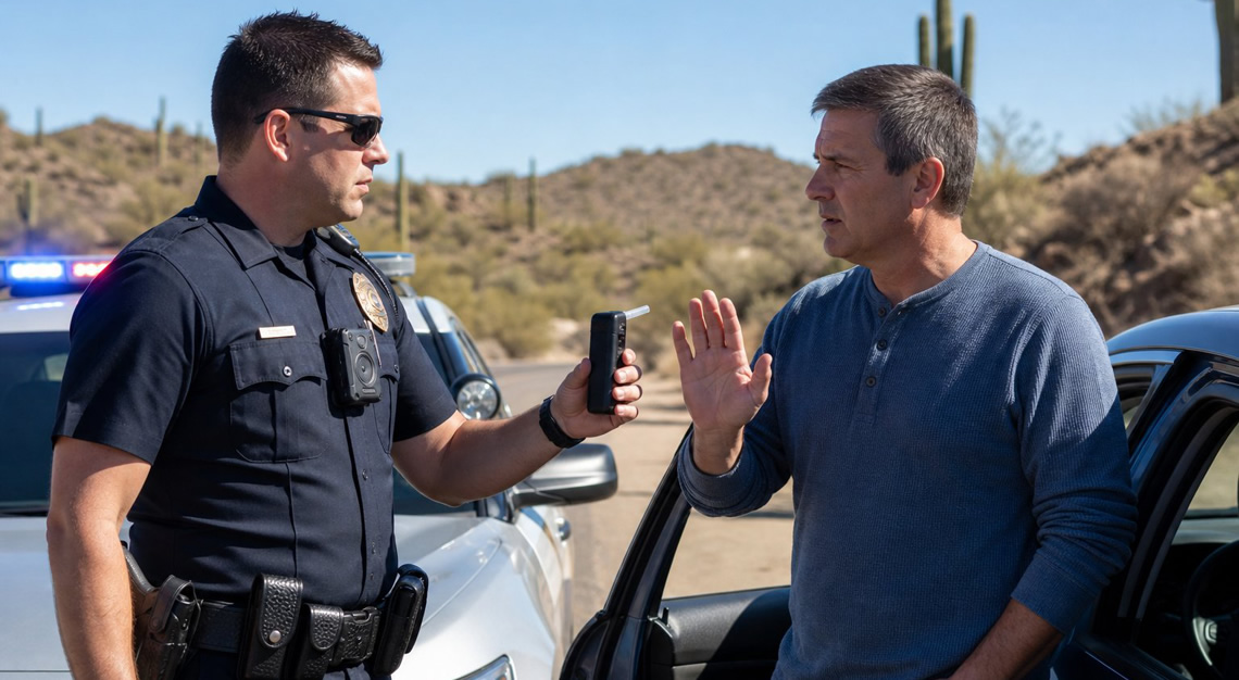 A police officer talks to a driver beside their car on a sunny Arizona roadside with desert vegetation in the background.
