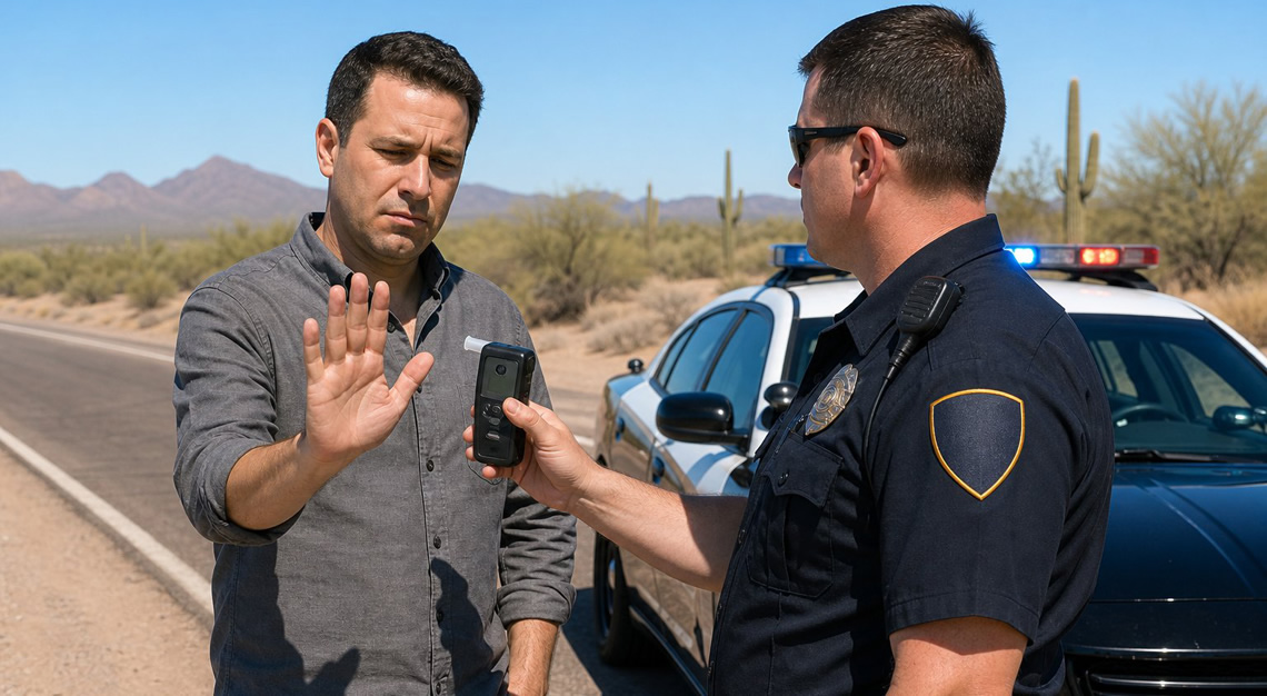 A police officer holding a breathalyzer device talks to a hesitant driver next to a patrol car in a desert roadside setting.