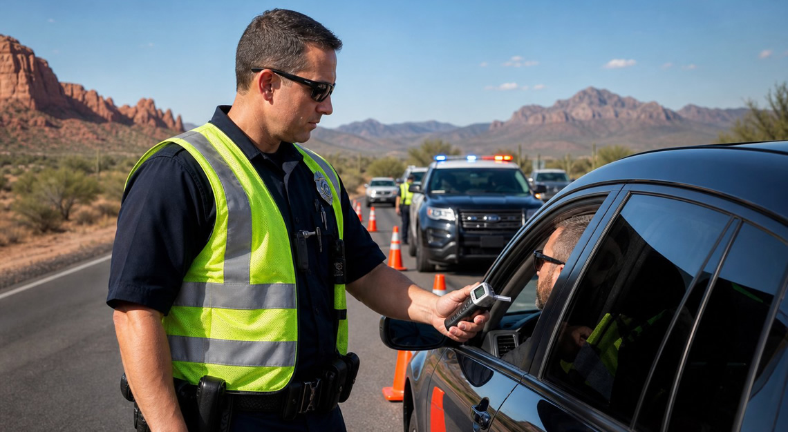 Police officer conducting a roadside breathalyzer test on a driver at a DUI checkpoint on an Arizona desert highway.
