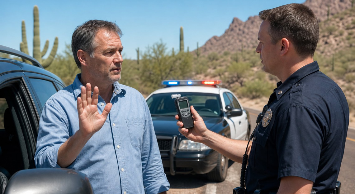 A police officer talks to a driver standing beside a stopped car on a desert highway in Arizona.