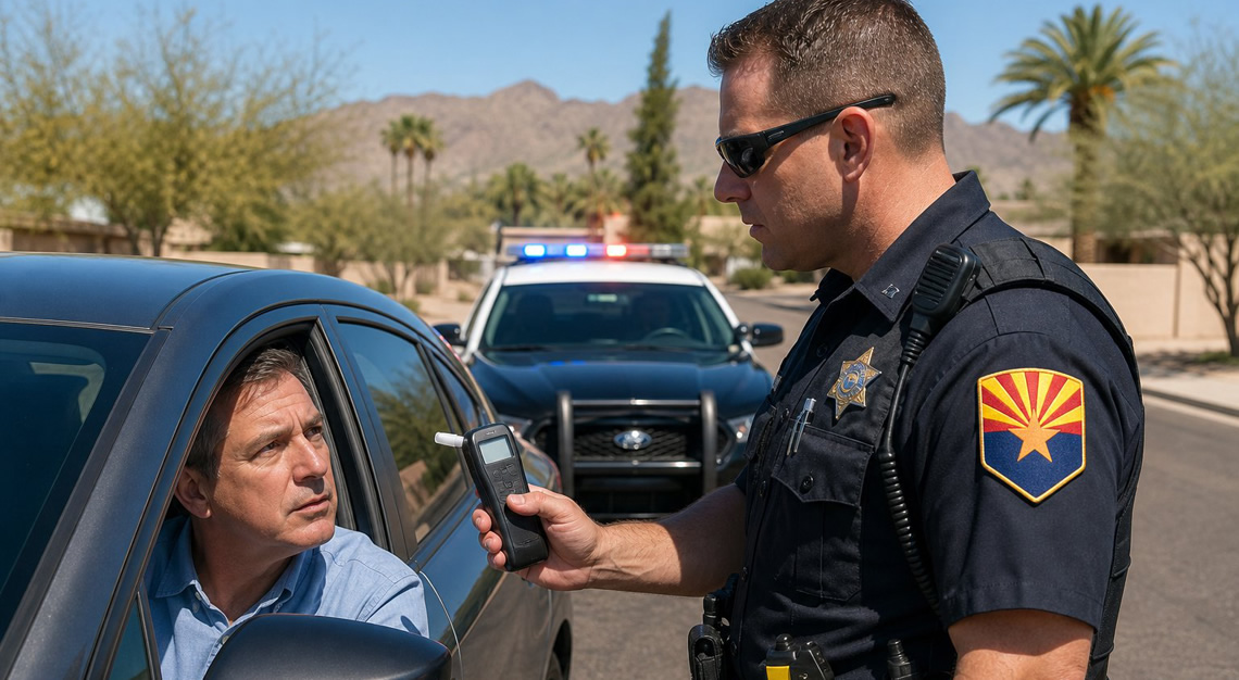 A police officer talks to a driver during a traffic stop on a sunny Arizona road, holding a breathalyzer device.