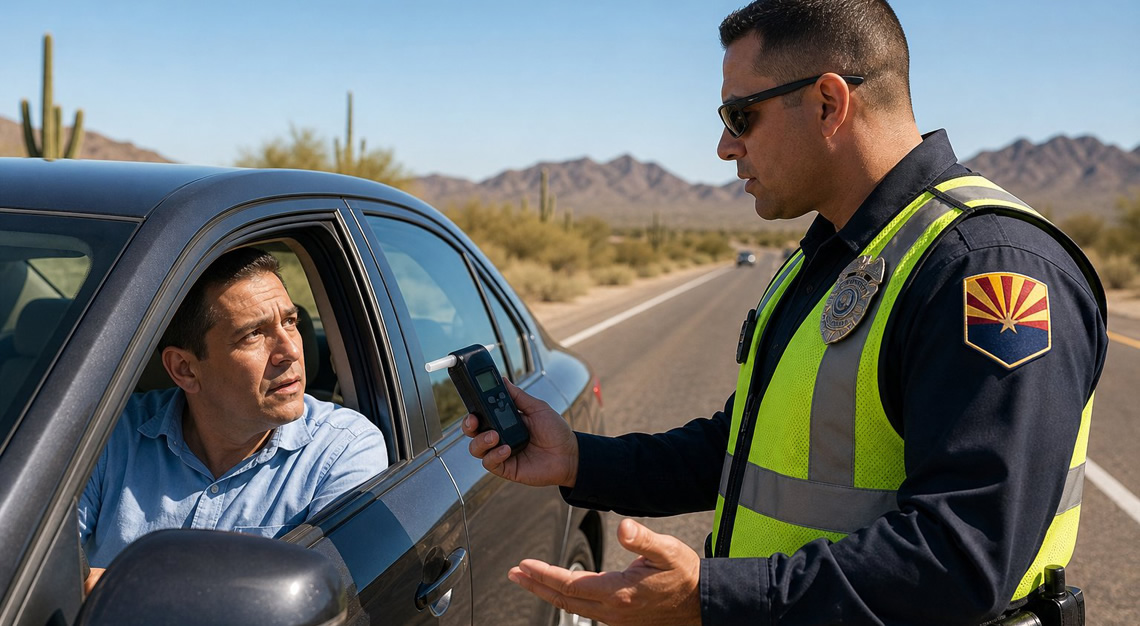 A police officer stands next to a stopped car on an Arizona desert highway, holding a breathalyzer device while the driver looks hesitant inside the vehicle.