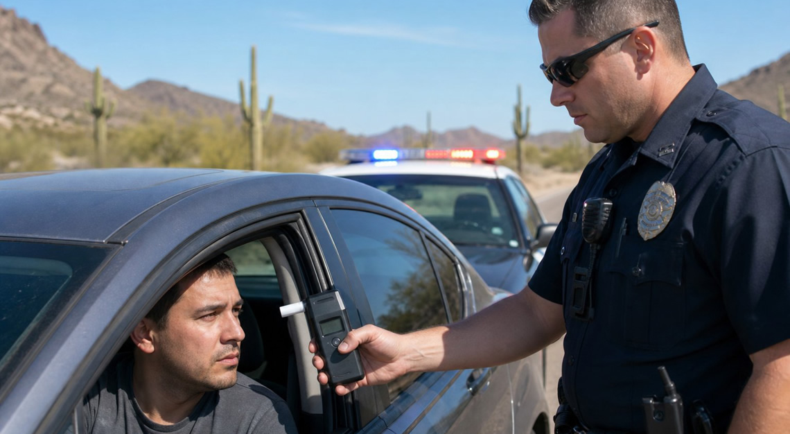 A police officer offers a breathalyzer test to a driver during a roadside stop in Arizona with desert scenery in the background.