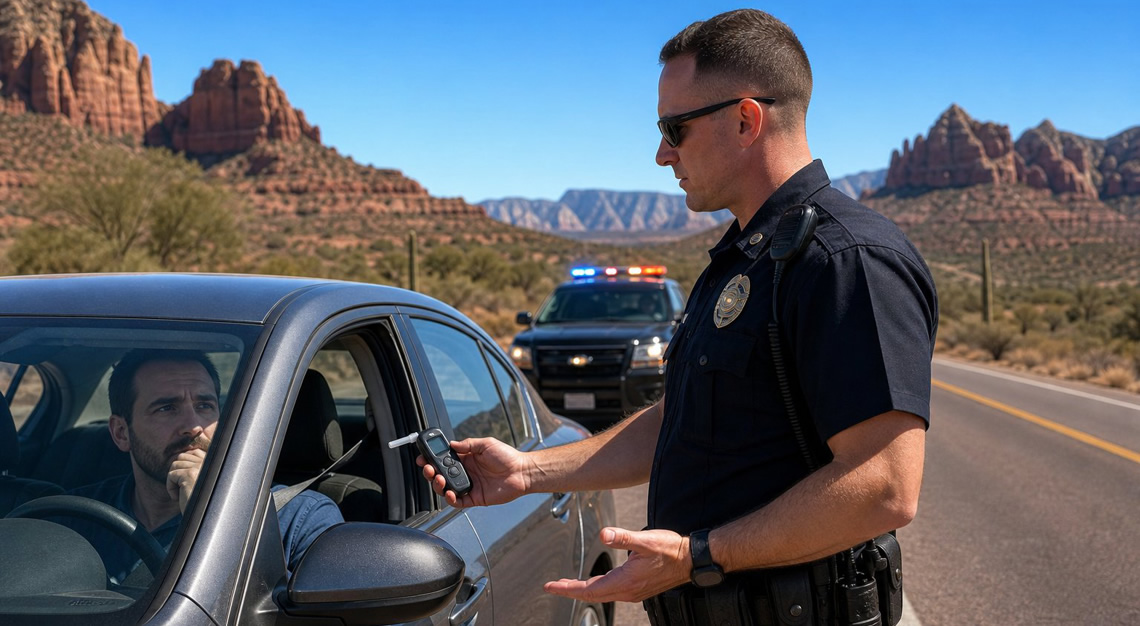 A police officer stands next to a stopped car on a desert highway in Arizona, holding a breathalyzer device while the driver looks hesitant inside the vehicle.