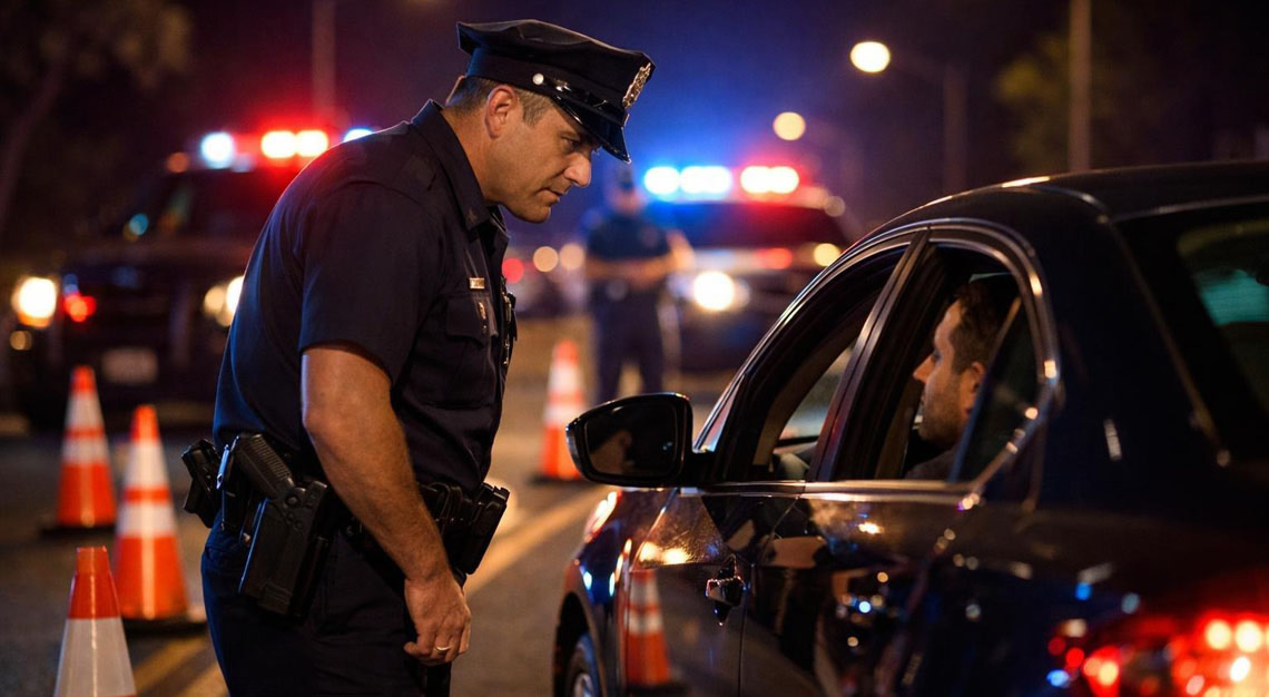 A police officer talks to a driver at a roadside DUI checkpoint at night without any breathalyzer or blood test equipment visible.