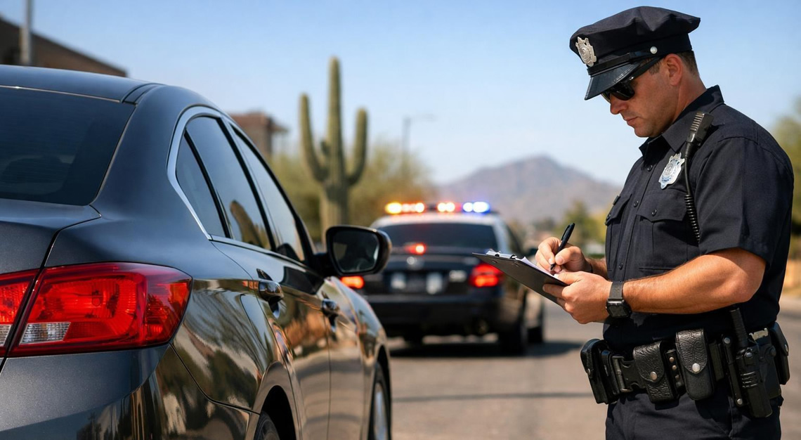 A police officer standing next to a parked car on a street with desert plants in the background.