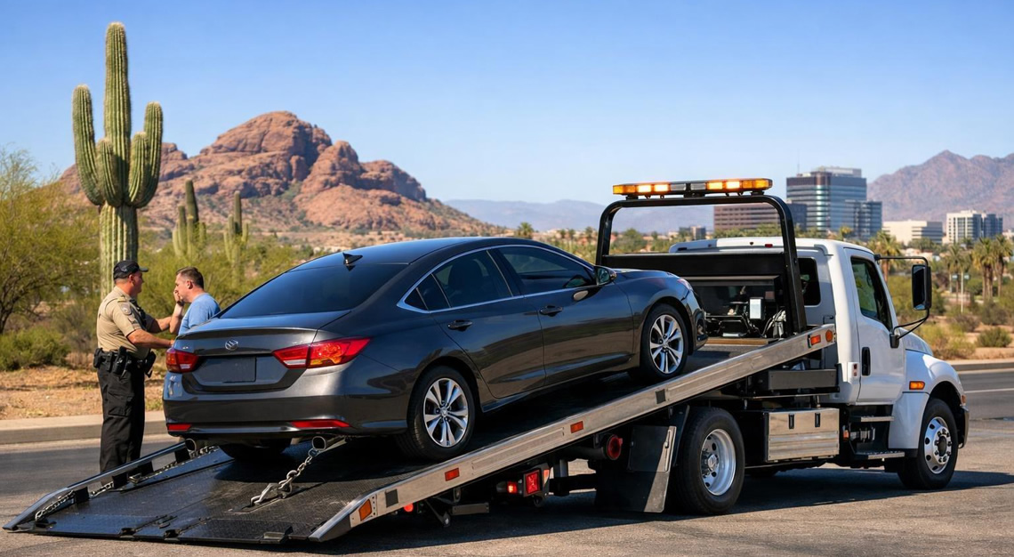A police officer talks to a driver while a tow truck loads a car in a sunny urban area with desert plants and red rocks in the background.