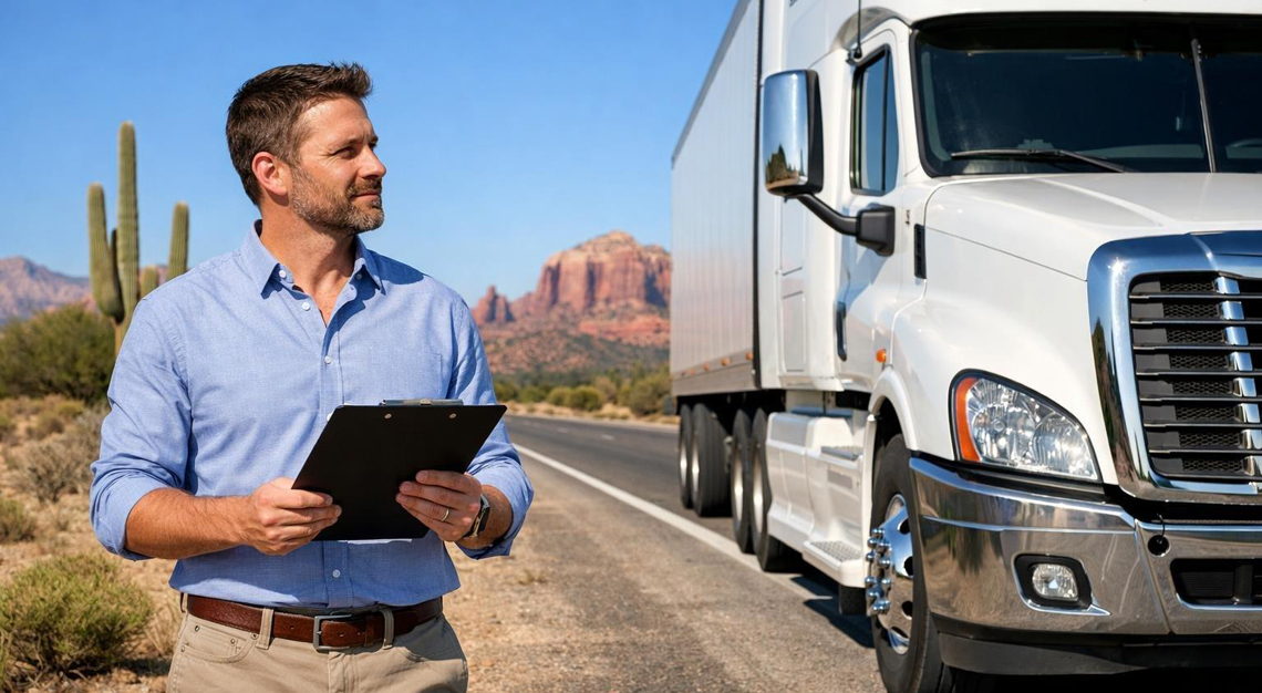 A man standing next to a commercial truck on a sunny Arizona highway with desert landscape in the background.