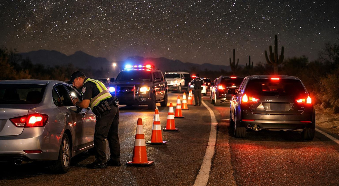 Police officer speaking with a driver at a nighttime DUI checkpoint on a desert highway in Arizona.