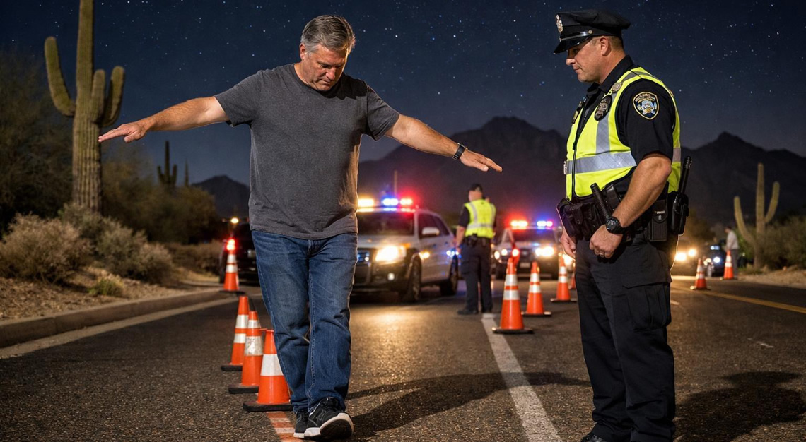 Police officers conducting field sobriety tests on a driver at a nighttime DUI checkpoint on a desert road in Arizona.